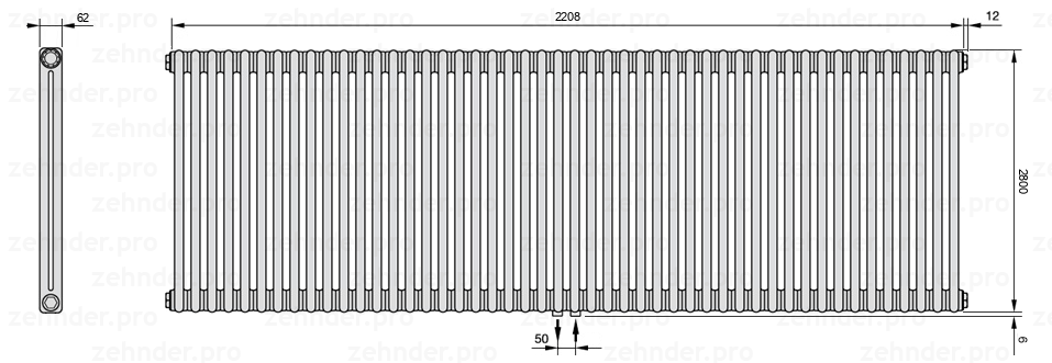 Схема (чертеж) Радиатор Zehnder Charleston 2280/48 №5410 Белый глянцевый RAL 9016